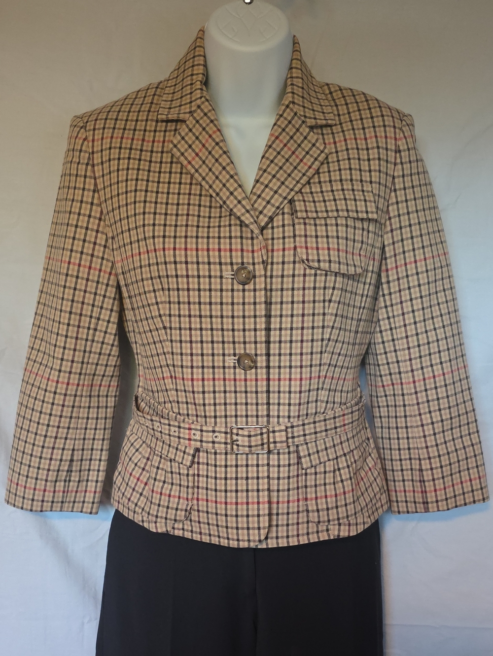 Moda International Beige Plaid Belted Blazer with Red Accent